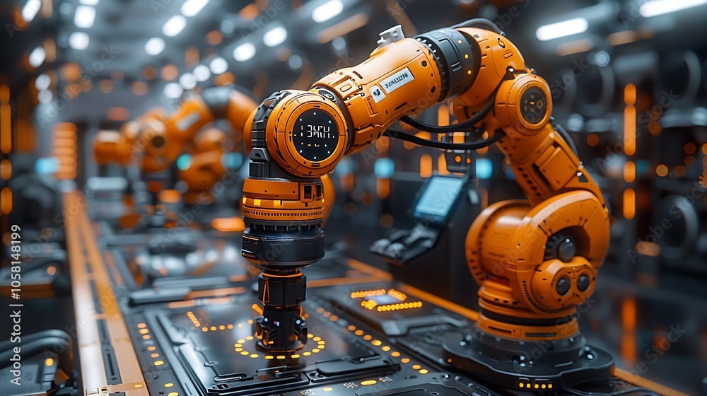 Poster a futuristic industrial scene featuring robotic arms working in an automated facility, showcasing ad