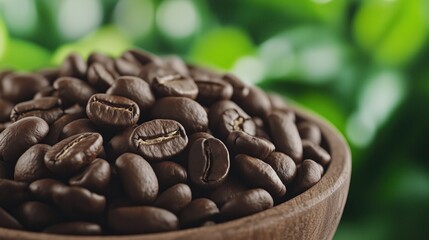 Fototapeta premium Freshly roasted coffee beans in a wooden bowl surrounded by lush green foliage in a serene setting
