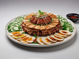 Peking Duck Platter with Pancakes and Garnishes on White Background