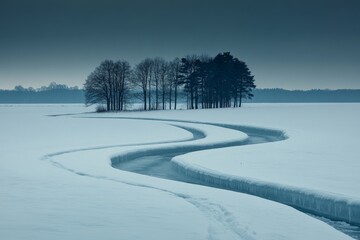 Snowy river winding through a peaceful snowy field under a soft winter sky capturing the serene calmness and open beauty of a quiet untouched winter landscape
