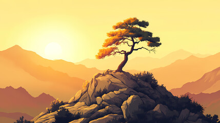 A lone pine tree stands tall on a rocky mountain peak, bathed in the golden light of a setting sun. Lone Pine Tree. Illustration