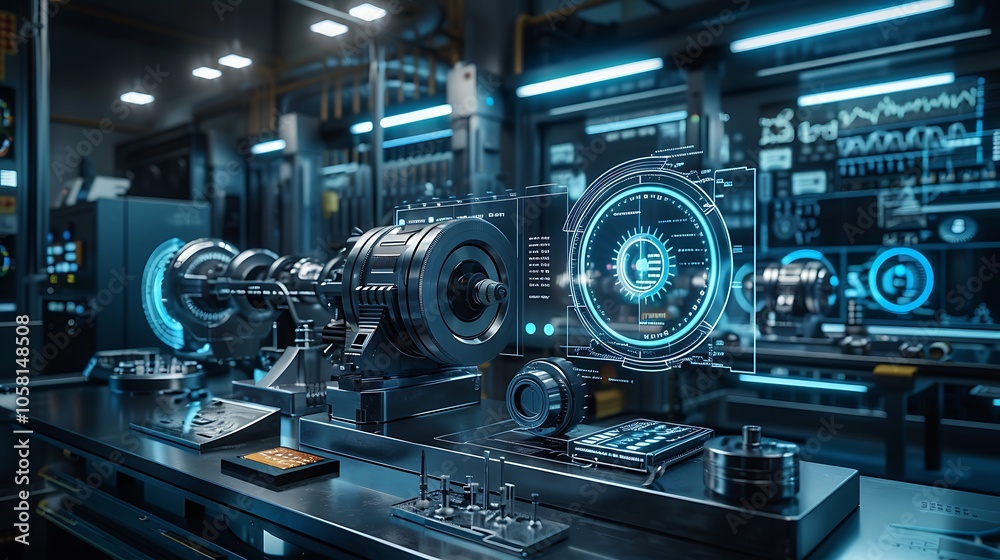 Poster a futuristic, high-tech machine in a dimly lit lab, featuring glowing blue components and complex di