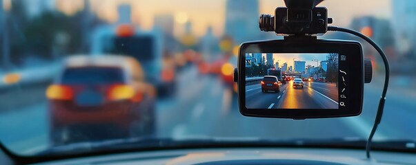 Recording traffic situations while driving car camcorder for cars and trucks. Concept Smart Car Cameras, Daily Commute Recording, Dashcam Safety Proof, Vehicle Surveillance Systems.