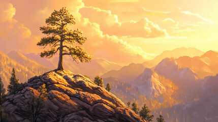 A lone pine tree stands tall on a rocky mountain peak, bathed in the golden light of a setting sun. Lone Pine Tree. Illustration