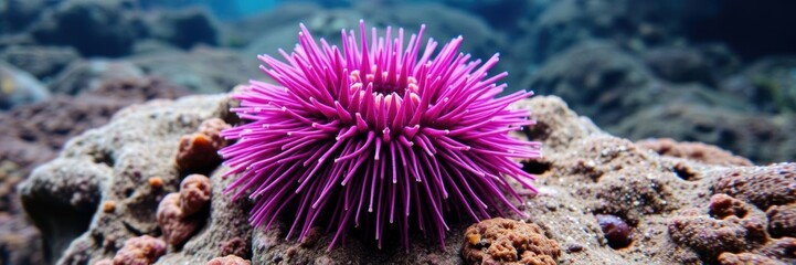 Obraz premium Close-up shot of a purple sea urchin resting on a colorful reef in California's Channel Islands, nature, purple