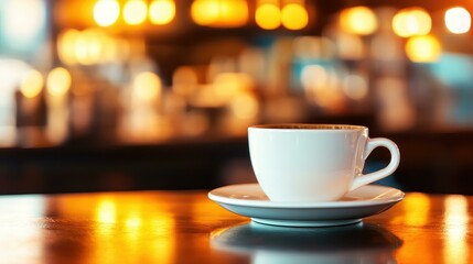 Obraz premium A warm cup of coffee rests elegantly on a saucer, with a gently blurred backdrop enhancing the cozy vibe.