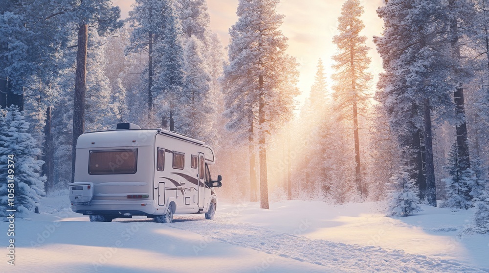 Aufkleber an rv is parked peacefully in a snowy forest, surrounded by tall trees. the warm glow of the sunset 