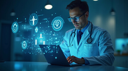 Obraz premium As the doctor uses a laptop, medical icons illuminate. 