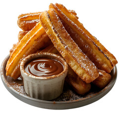 A serving of traditional Spanish churros dusted with cinnamon sugar and served with chocolate sauce. Isolated on White Background