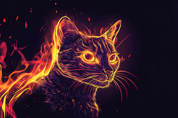 neon burning cat illustration, black background, cartoon style