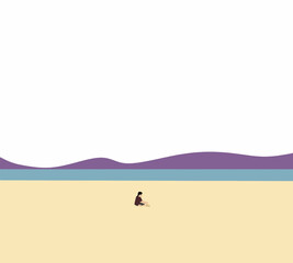 Boy playing sand on the beach during summer holidays. Vacation on seashore. Happy kids on vacations at seaside. Minimal art.