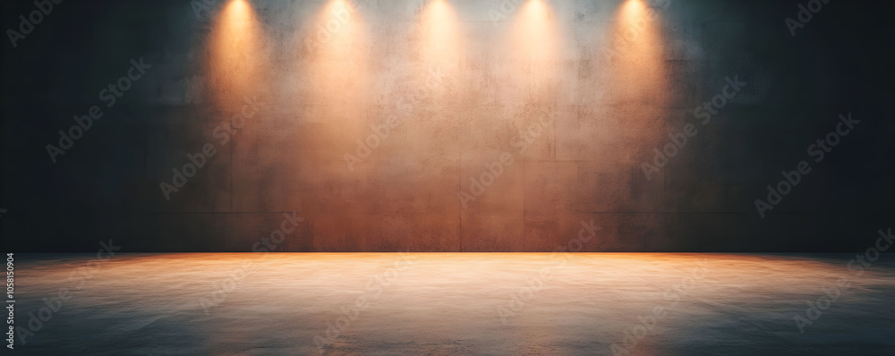 Wall mural dark empty stage spotlight warm orange beam light stage floor concrete material texture spotlight dr