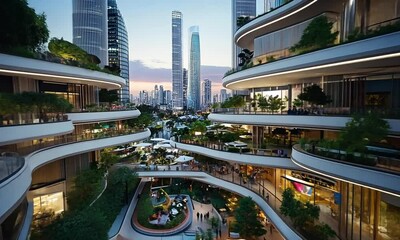 A futuristic urban landscape with greenery and multi-level structures for leisure and commerce.