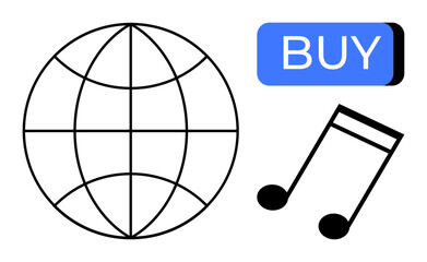 Globe representing global connectivity, musical note symbolizing music, and a blue BUY button. Ideal for e-commerce, digital music sales, online shopping, music streaming, global markets, technology