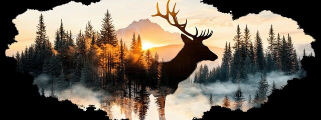 Forest deer silhouette mountain tree pine landscape elk background hunting. Illustration forest winter deer silhouette scene pattern animal graphic hiking woods reindeer scenery wildlife wild sunrise © Максим Зайков