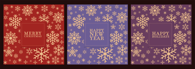 Elegant Christmas and New Year card set with a pattern of gold snowflakes for holiday greetings.