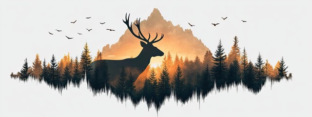 Forest deer silhouette mountain tree pine landscape elk background hunting. Illustration forest winter deer silhouette scene pattern animal graphic hiking woods reindeer scenery wildlife wild sunrise