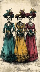 Fototapeta premium Three elegant skeletons in colorful dresses celebrating D��a de los Muertos.