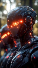 Fototapeta premium Close-up of a futuristic, sleek black robot with glowing orange features.