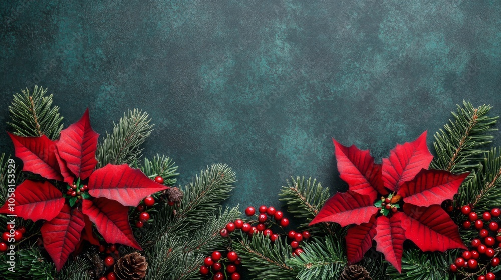 Poster Vibrant red poinsettias are arranged with pine branches and berries, creating a festive display perfect for holiday celebrations.