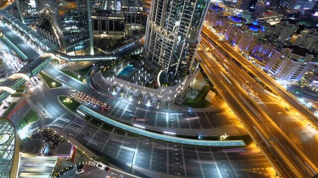 Enjoy the City Night View of Skyscraper and Highways with Beautiful Light Trails