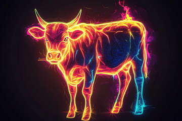 neon burning cow illustration, black background, cartoon style