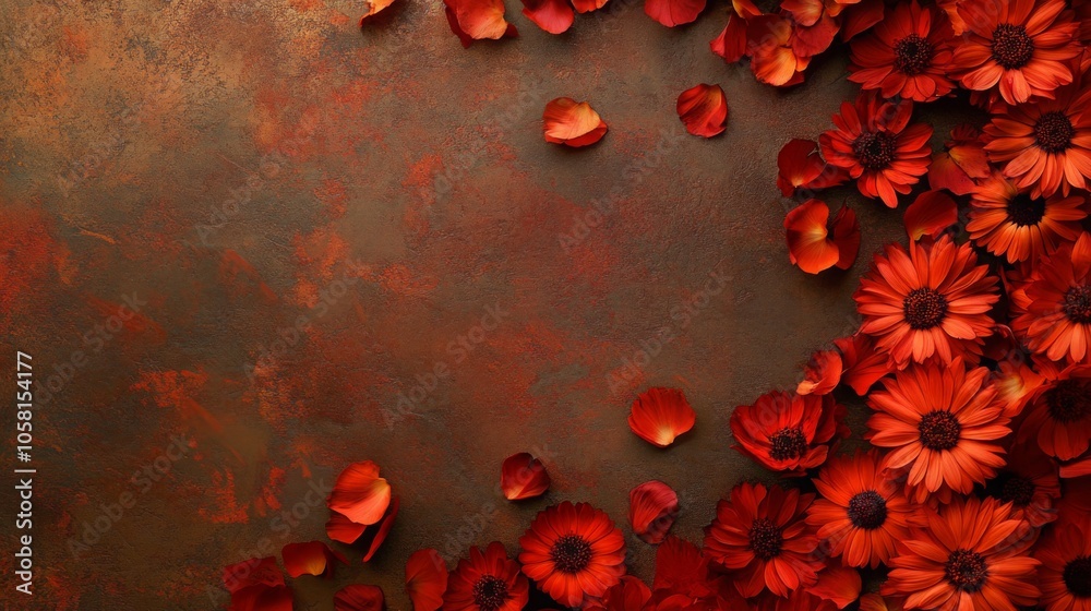 Poster bright red flowers with dark centers and scattered petals form a beautiful design against a textured