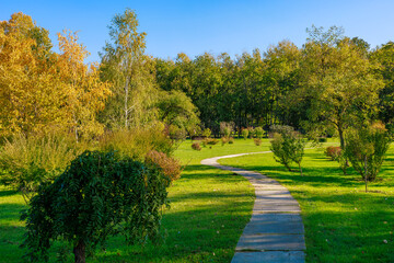 A path winds through a park with trees and bushes