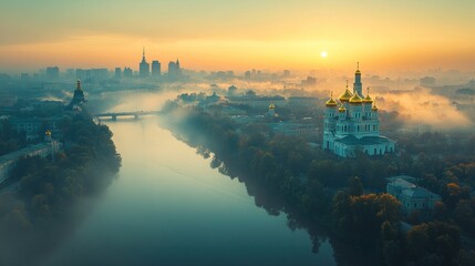 Naklejka premium A foggy sunrise over a city with a cathedral and a river.