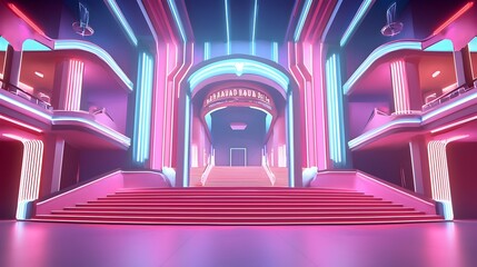 A layered paper cut style architectural of an art deco cinema featuring bold lines neon lights and geometric shapes creating a futuristic vibrant and captivating atmosphere