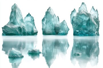 Fototapeta premium Set of three stylized icebergs with reflections in calm water capturing the pristine beauty and cold elegance of a frozen arctic landscape