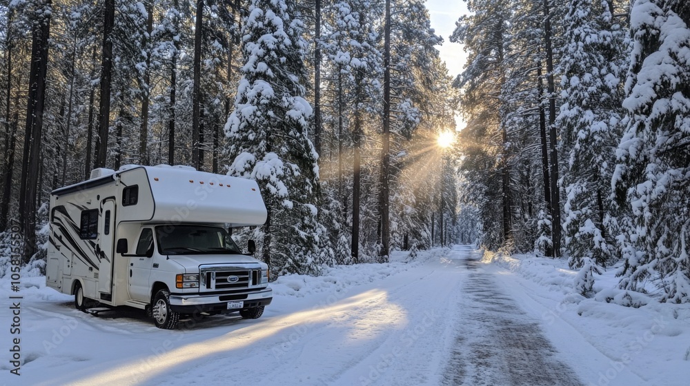 Poster a recreational vehicle is parked alongside a snowy road in a dense forest. sunlight filters through 