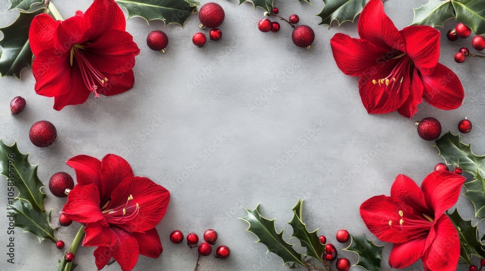 Poster a flatlay of red amaryllis flowers and holly leaves arranged in a frame around a gray background. re
