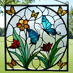 stained glass of flowers and butterflies