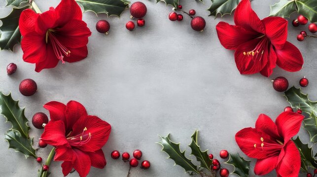 A flatlay of red amaryllis flowers and holly leaves arranged in a frame around a gray background. Red berries and ornaments complete the festive composition.