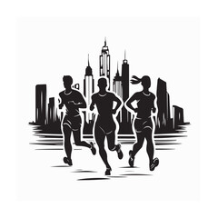 A group of athletic people are running along the street in the city. Men and women doing sports jogging silhouette vector.