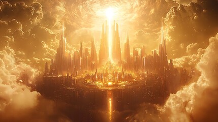 The holy city descending from the heavens, depicted with futuristic architecture and radiant light, set against a new heaven and new earth backdrop; includes copy space.