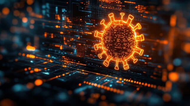 A glowing virus illustration on a digital circuit board background. - Powered by Adobe