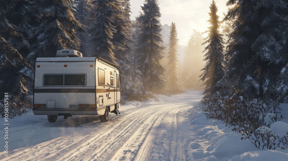 Poster a camper van is parked on a snowy dirt road surrounded by tall pine trees. soft sunlight filters thr