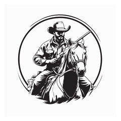 Western Cowboy in hat sitting horseback logo design vector isolated on white background.