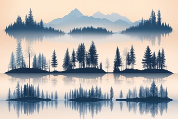 Fototapeta premium Stylized landscape of forest islands reflected in misty waters with mountain silhouettes in the background creating a serene and peaceful winter scene