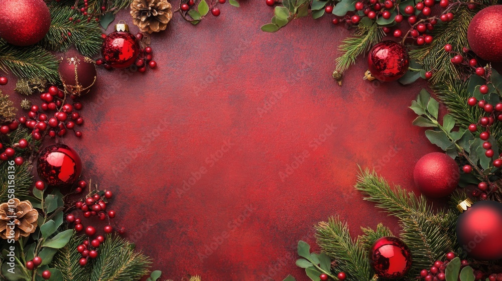 Poster a red background is surrounded by evergreen branches, red ornaments, and pine cones. red berries ado