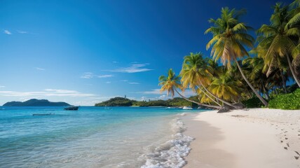 Tropical Beach Paradise: A secluded beach with crystal-clear turquoise water, white sand, and tall palm trees. Gentle waves lap against the shore under a clear blue sky.

