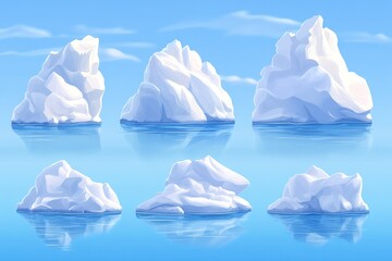 Stylized snow capped mountains with reflections in icy waters capturing the beauty of winters pristine landscapes in shades of blue and white