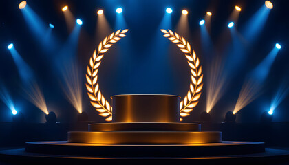 Golden Award Ceremony Stage with Laurel Wreaths and Crowd Celebration