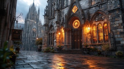Fototapeta premium A gothic cathedral with a cobblestone street in the foreground.