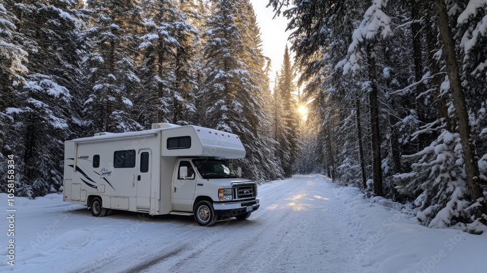 Poster a recreational vehicle is parked on a snowy road surrounded by tall evergreen trees. the sun sets in