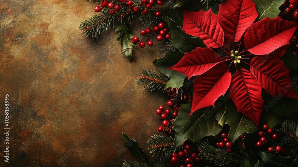 Aufkleber a vibrant display of red poinsettias and lush greenery is beautifully arranged on a weathered wooden
