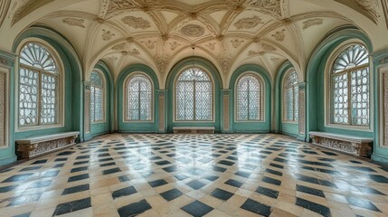 Fototapeta premium A grand, empty room with a checkered floor, vaulted ceilings, and ornate windows.
