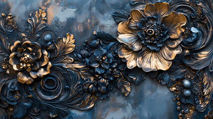 Baroque floral wall art with intricate glaze and golden accents. Metallic Glaze. Illustration